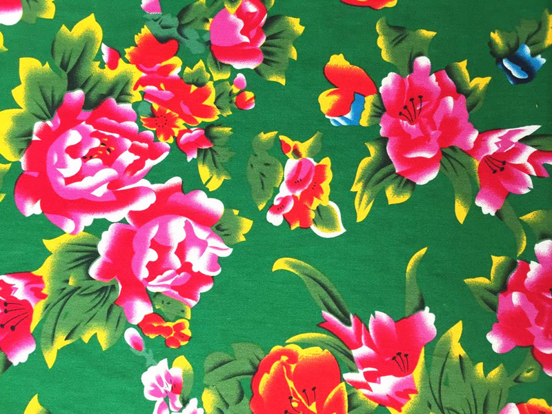 全棉纱卡斜纹布料 牡丹花印花东北大花布 背景装饰舞台服装布面料